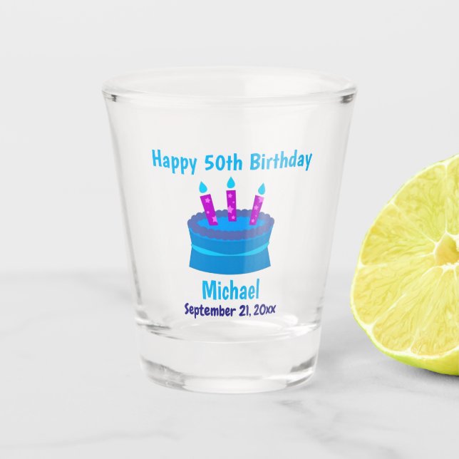 50th Happy Birthday Blue Cake Souvenir Shot Glass (Front)