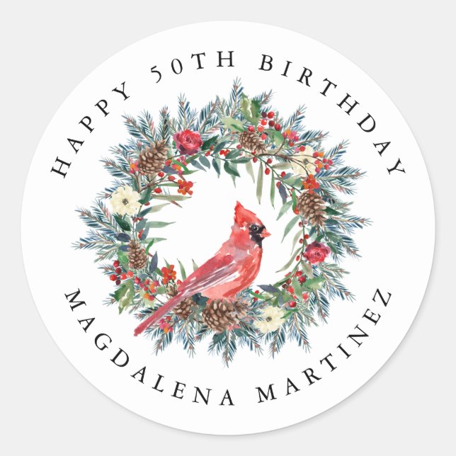 50th Happy Birthday Cardinal Wreath Custom Classic Round Sticker (Front)