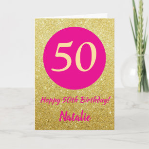 50th Happy Birthday Hot Pink and Gold Glitter Card