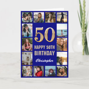 50th Happy Birthday Navy Blue & Gold Photo Collage Card