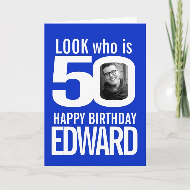 50th Happy Birthday photo blue white Card (Front)
