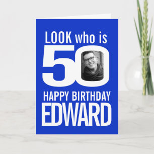 50th Happy Birthday photo blue white Card