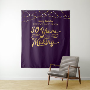 50th Happy Birthday Purple and Gold Photo Backdrop Tapestry