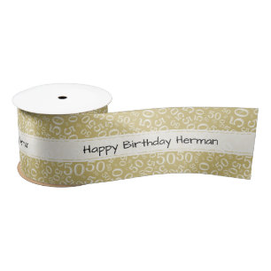 50th "Happy Birthday" Random Number Pattern Gold Satin Ribbon
