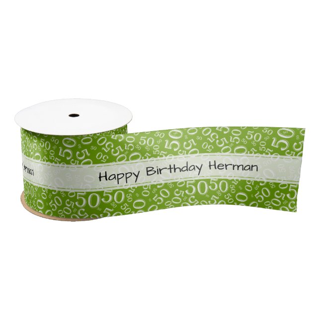 50th "Happy Birthday" Random Number Pattern Green Satin Ribbon (Spool)