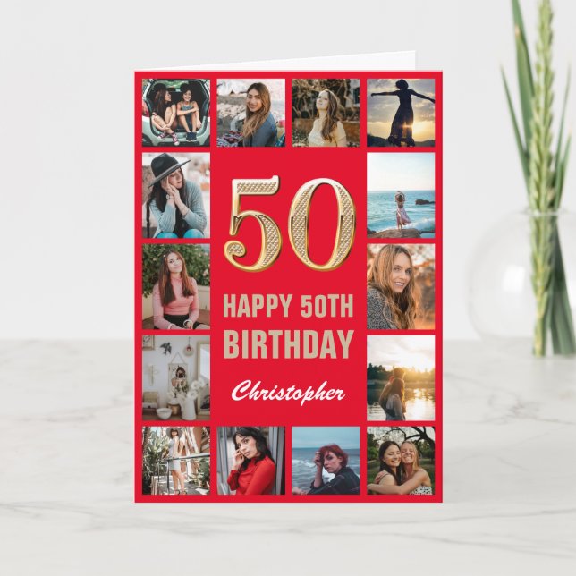 50th Happy Birthday Red and Gold Photo Collage Card (Front)