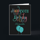 50th Happy Birthday Stylish Text Name Colourful Card<br><div class="desc">Wish a happy 50th in modern and colourful style! Happy Birthday is set in an artsy typography in shades of teal, pink, blue, coral and orange, on a classic black background. The age and your recipient’s name are in a cordinating typeface. You can change the greeting inside to your own...</div>