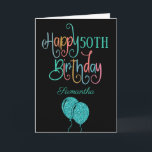 50th Happy Birthday Stylish Text Name Colourful Card<br><div class="desc">Wish a happy 50th in modern and colourful style! Happy Birthday is set in an artsy typography in shades of teal, pink, blue, coral and orange, on a classic black background. The age and your recipient’s name are in a cordinating typeface. You can change the greeting inside to your own...</div>