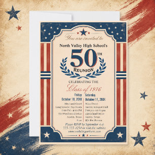50th High School Class Reunion Americana Red Blue Invitation