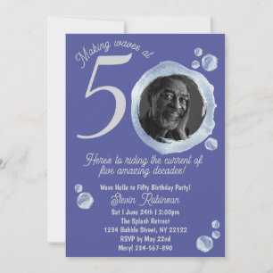 50th Indigo Blue Bubbles Birthday Party Invitation