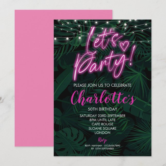 50th Invite pink neon black birthday Invitation (Front/Back)