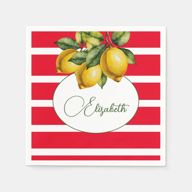 50th Italian Lemon Botanical Red White Stripe  Napkin (Front)
