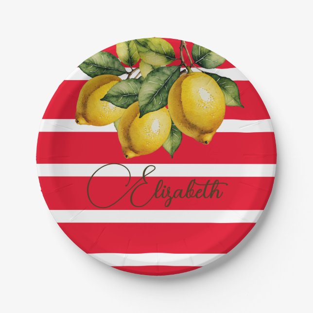 50th Italian Lemon Botanical Red White Stripe  Paper Plate (Front)