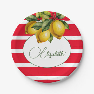 50th Italian Lemon Botanical Red White Stripe  Paper Plate