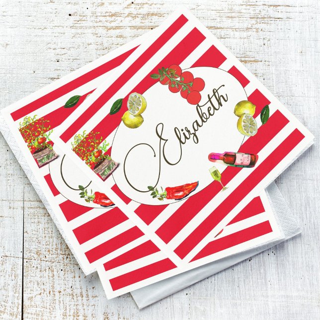 50th Italian Lemon Mediterranean Red White Stripe  Napkin (Creator Uploaded)