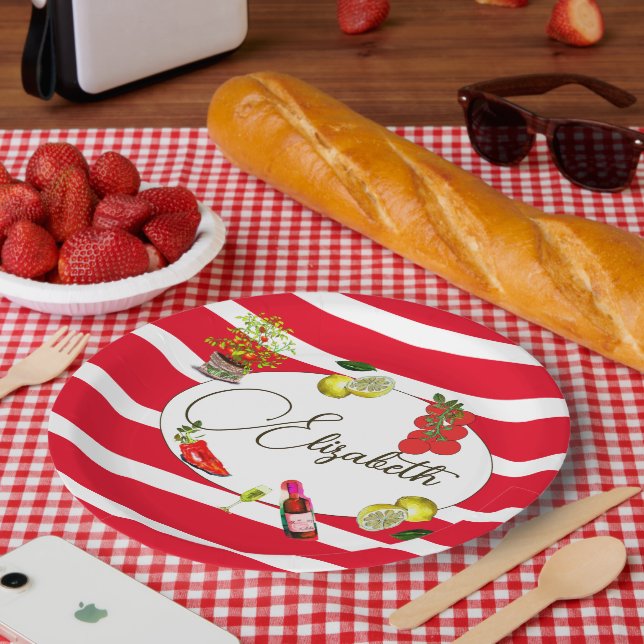50th Italian Lemon Mediterranean Red White Stripe  Paper Plate (Picnic)