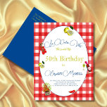 50th Italian Theme Lemon Red White Blue Invitation Postcard<br><div class="desc">Bellisimo Elevate your special birthday with this Italian inspired elegant red and white botanical lemons, pattern birthday Invitation postcard. A very elegant design. A bespoke invitation with your information is easily entered onto the template. The timeless design of sunny lemons and red pattern invoke a summer vibe to your special...</div>