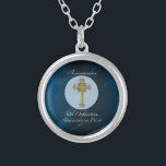 50th Jubilee Ordination Anniversary of Priest Silver Plated Necklace<br><div class="desc">Join in the celebration of a priest on his 50th Golden Jubilee Anniversary of Ordination by sending him this handsome and holy blue gift,  souvenir or giveaway centred on a gold 3D looking cross.</div>