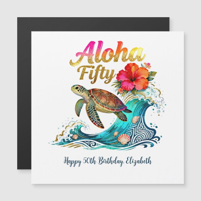 50th Magnetic Birthday Card Tropical Ocean Beach  (Front/Back)
