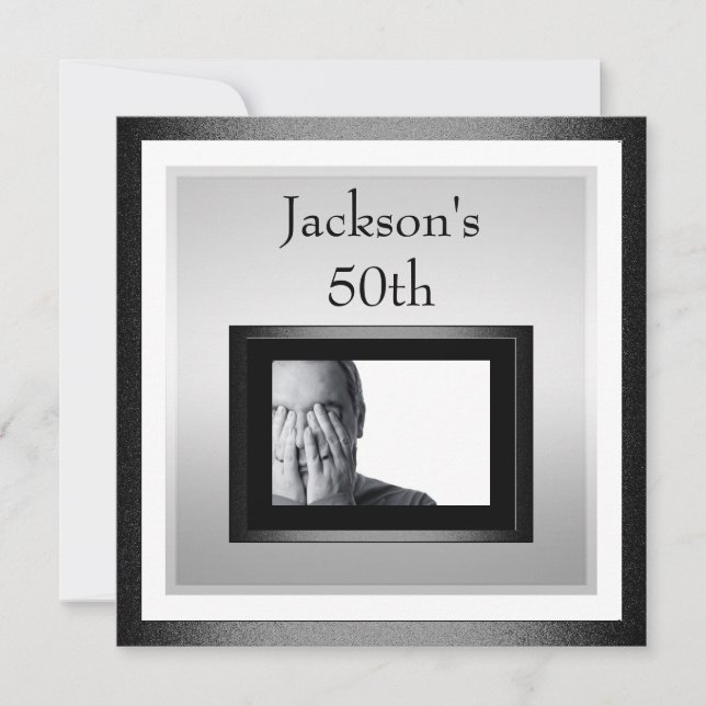 50th Male Birthday White Silver Black Photo 2 Invitation (Front)
