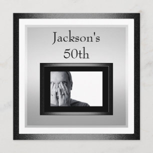 50th Male Birthday White Silver Black Photo 2 Invitation