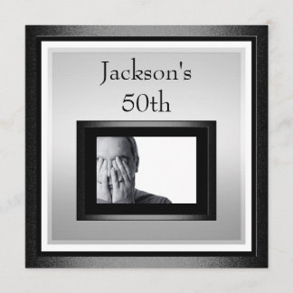 50th Male Birthday White Silver Black Photo Invitation