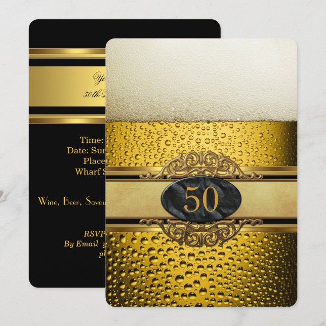 50th Mans Beer Black Gold Ornate Birthday Party Invitation (Front/Back)