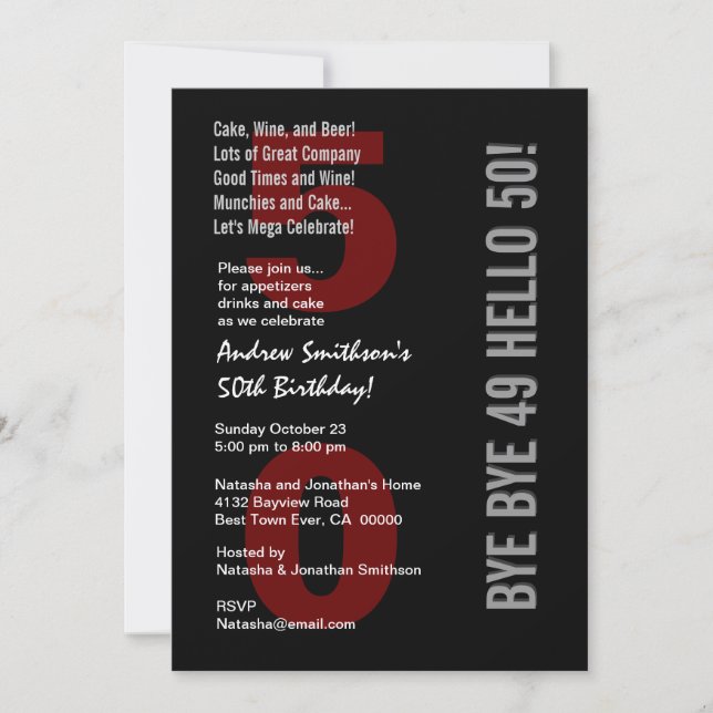 50th Modern Birthday Black Silver White Red Invitation (Front)