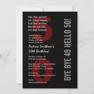 50th Modern Birthday Black Silver White Red Invitation