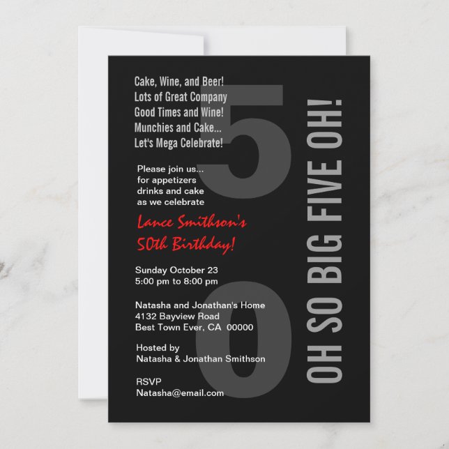 50th Modern Birthday Black White Red FIVE OH! Invitation (Front)