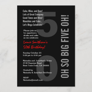 50th Modern Birthday Black White Red FIVE OH! Invitation