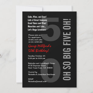 50th Modern Birthday Black White Red FIVE OH! W815 Invitation
