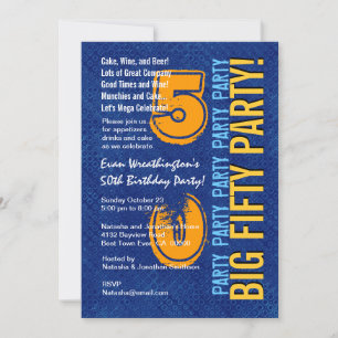50th Modern Birthday Blue and Gold Grunge Invitation