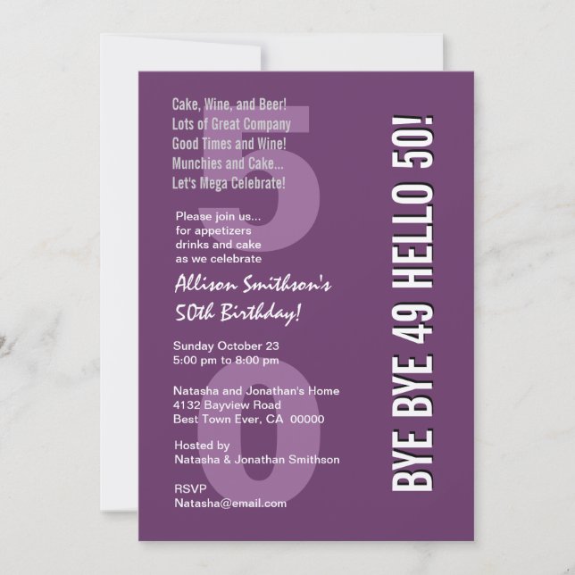 50th Modern Birthday Purple and White Bye Bye 49 Invitation (Front)