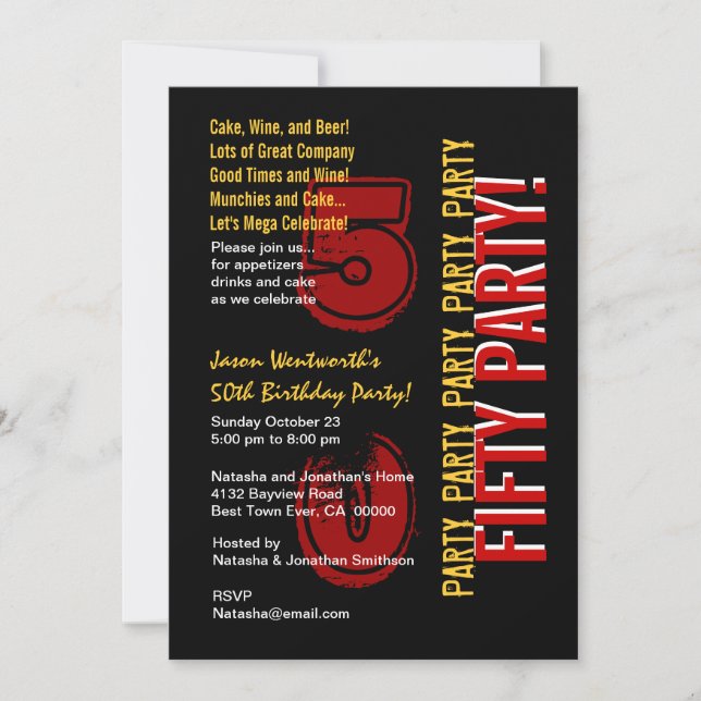 50th Modern Birthday Red Gold Black Grunge Invitation (Front)