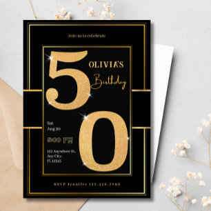 50th Modern Black Gold Typography Glitter Birthday Invitation