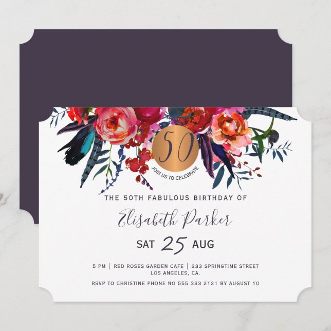 50th Modern boho floral watercolor birthday party Invitation (Front/Back)