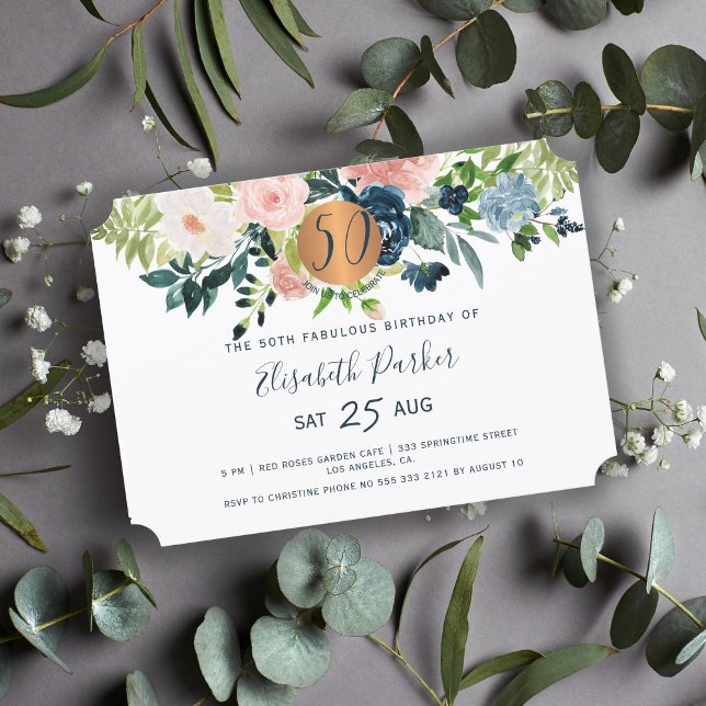 50th Modern boho flowers watercolor birthday party Invitation (Creator Uploaded)