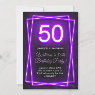 50th Neon Lights Retro Black Chic Fifty Birthday Invitation