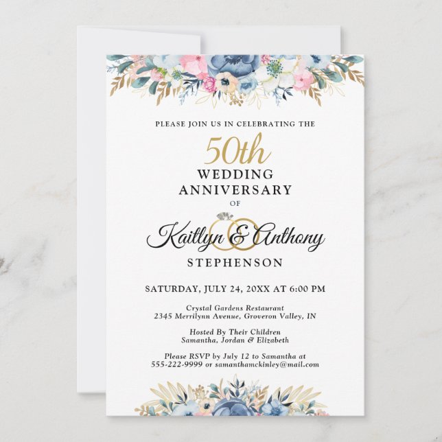 50th or Any Anniversary Elegant Floral Gold Invitation (Front)