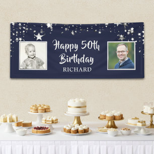 50th or Any Birthday Navy Blue Stars 2 Photos Banner