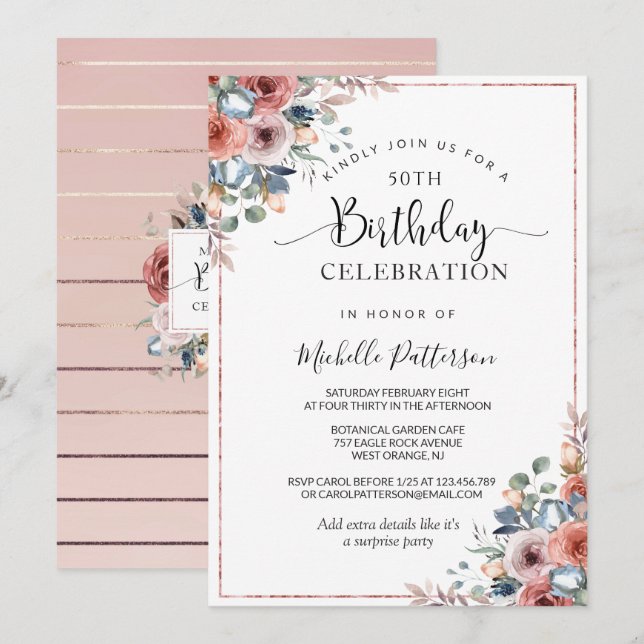 50th (or other) Birthday Pink Gold, Blush Floral Invitation (Front/Back)