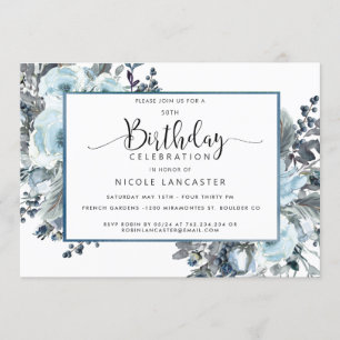 50th (or other) Unique Blue Floral Birthday Invitation