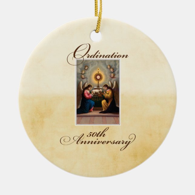 50th Ordination Anniversary Angels at Altar Ceramic Tree Decoration (Front)