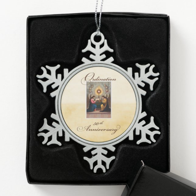 50th Ordination Anniversary Angels at Altar Snowflake Pewter Christmas Ornament (Box)