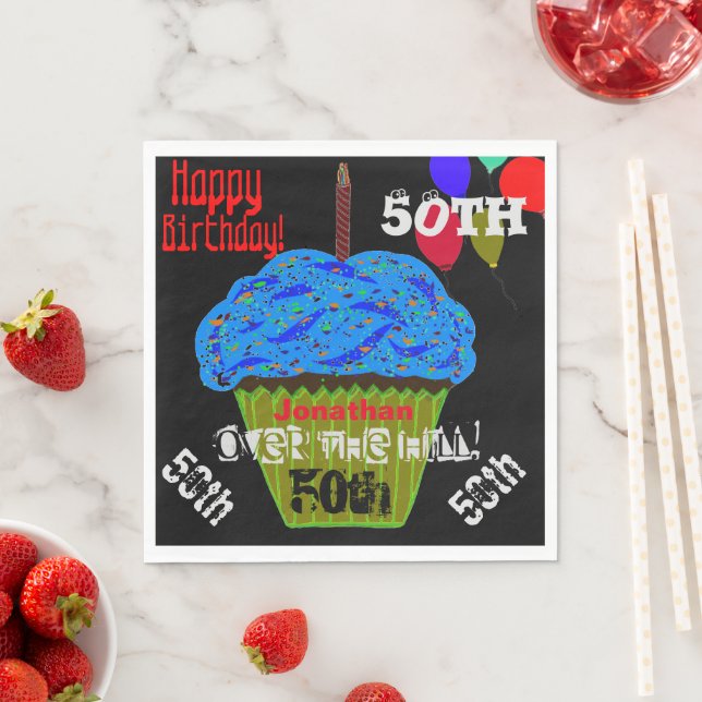 50th Over the Hill Personalised Blue Cupcake Napkin (Insitu)