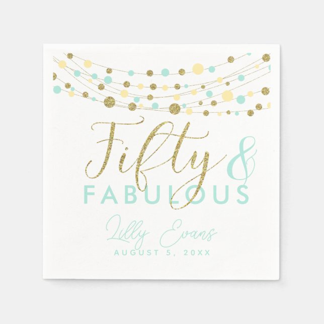50th party paper napkin decoration, glitter teal (Front)