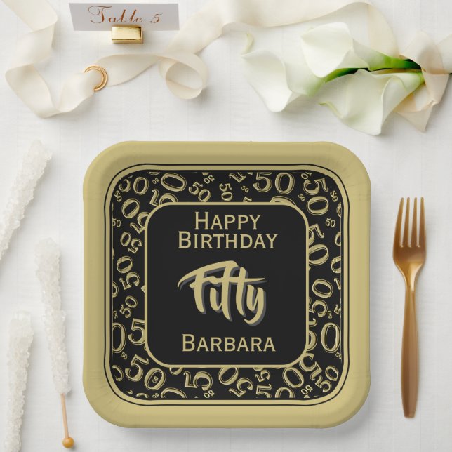 50th Party Random Number Pattern Black/Gold Paper Plate (Wedding)