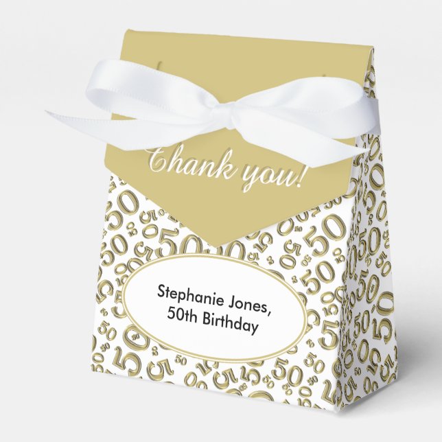 50th Party Random Number Pattern Gold/White Favour Box (Front Side)