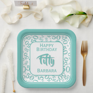 50th Party Random Number Pattern Teal/White Paper Plate